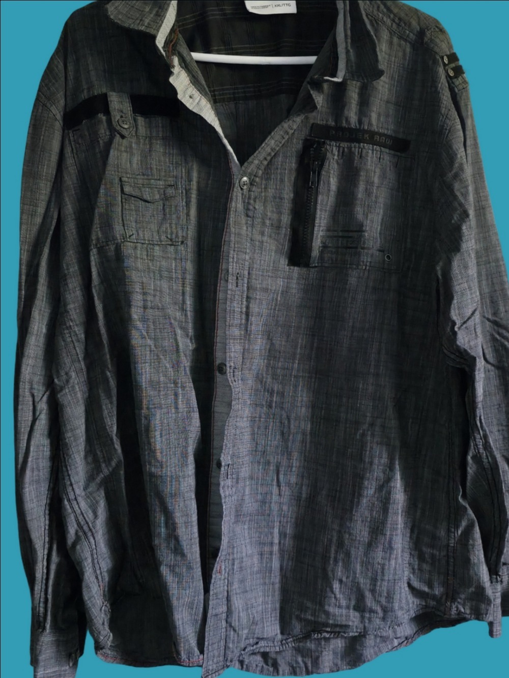 4/$67 Deal! Projek Raw Men's Gray Casual Button-Down Shirt with Zip Chest Pocket